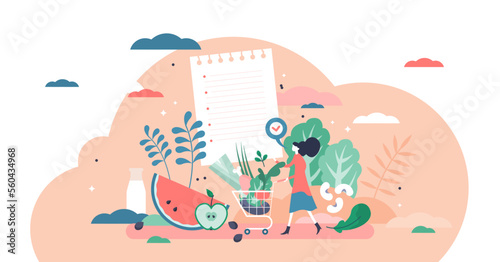 Healthy foods list illustration, transparent background. Nutrition products full shopping cart flat tiny persons concept. Eating balanced meals with vitamins, greens, fresh vegetables and fruits.