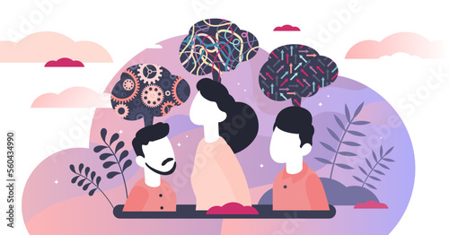 Mind behavior concept, flat tiny persons illustration, transparent background. Abstract inner thought process and symbolic emotional activity. Personality and mental mindset types.