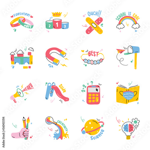 Set of School Objects Flat Stickers