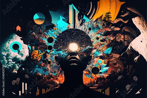  a man with a head full of different shapes and sizes of objects in his head, with a bright light shining in his eyes and a dark background of a multicolored landscape with a., generative ai
