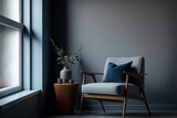 Interior with grey wall blue armchair and wood side table. Generative AI