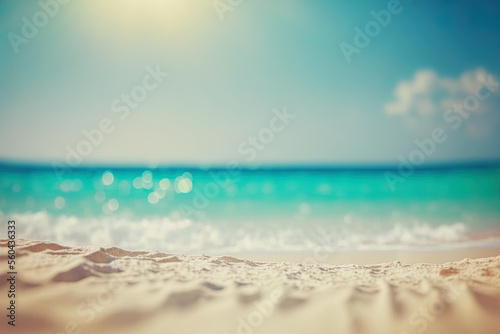 Natural defocused background with blur for the idea of a summer vacation. A tropical summer beach's natural surroundings with sunlight. Blue sky, sparkling ocean, and light sand beach. Generative AI