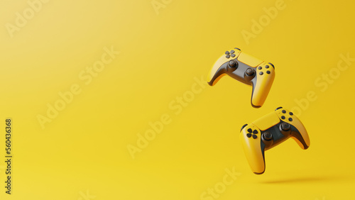 Flying gamepad on a yellow background with copy space. Joystick for video game. Game controller. Creative Minimal Gaming concept. Front view. 3D rendering illustration