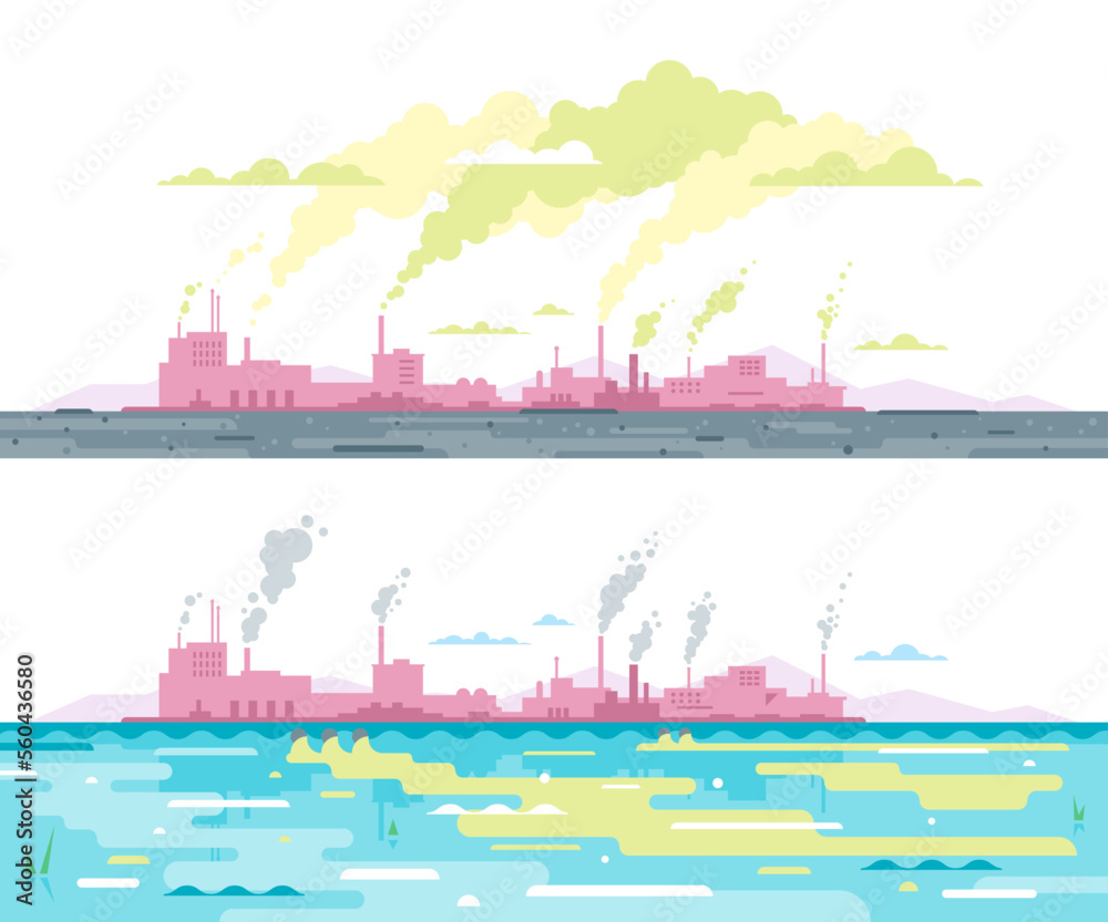 Factory buildings silhouette with smoke from chimney, smog and fog in sky, ecology concept, water pollution from industrial pipe, ecological disaster, dirty toxic effluents, flat style illustration, i