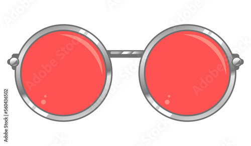 Round glasses with red glass in metal frame, hipster style, dreaming concept, isolated