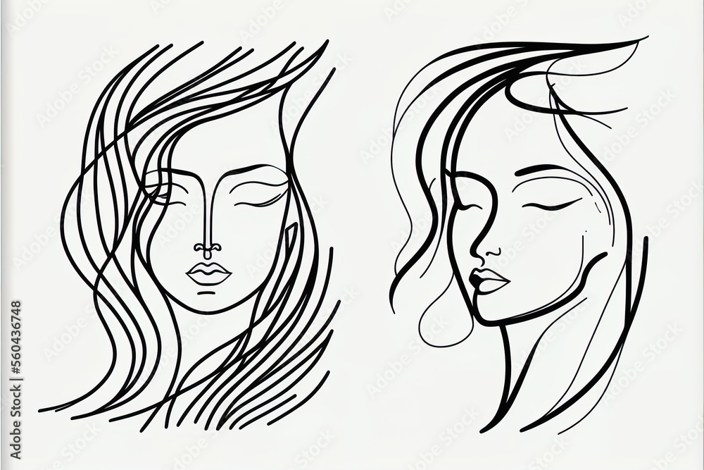 Elegant one-line sketches of an abstract female face. A drawing of a ...