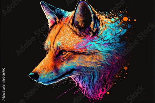 Abstract, colorful, neon fox head portrait in pop art style. AI photo
