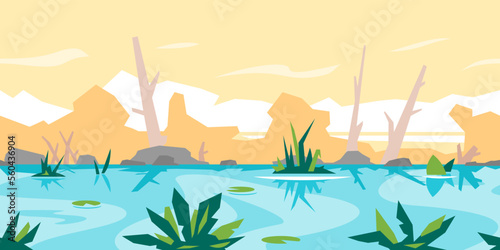 River with water lily and bulrush plants, dead trees with stones and plants, nature game background, tileable horizontally