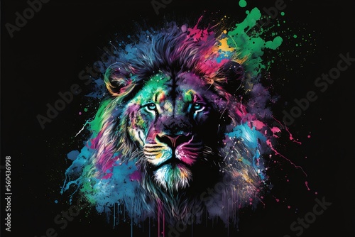 Abstract, multicolored, neon portrait of a lion head in pop art style. AI