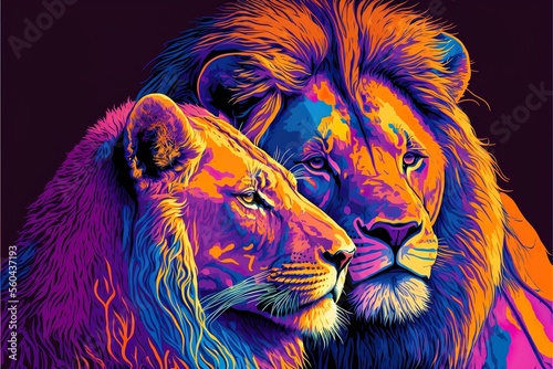 Color, digital portrait of a lion hugging a lioness in the style of pop art. AI