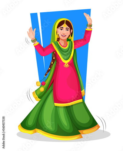 Adorable little girl in trendy national cloth performing a folk dance step with hand gestures cheerfully smiling and dancing. A Punjabi Giddha dancer. Doing lohri dance avatar. Over bright vivid shine