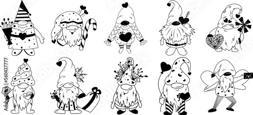 Gnome valentine outline black set isolated. Love gnome with heart and flower. Simple vector illustration