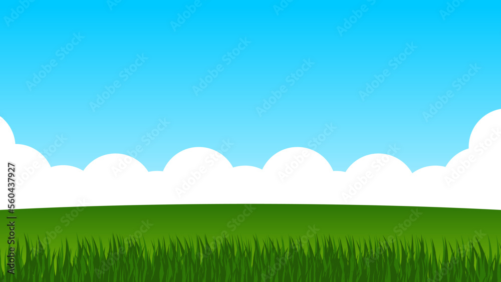 landscape cartoon scene. green field with white cloud and blue sky