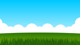 landscape cartoon scene. green field with white cloud and blue sky