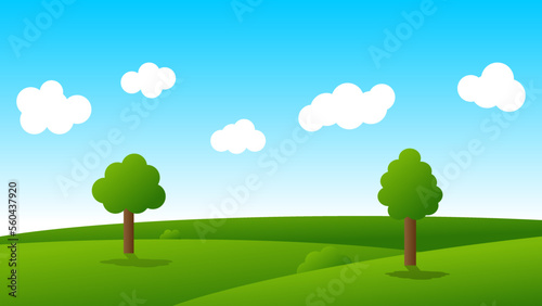 landscape cartoon scene with green trees on hills and white cloud in blue sky background