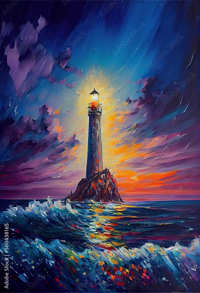Illustration of a lighthouse on a little rock island with large waves surrounding it.