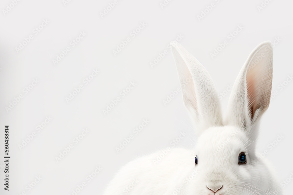 Cute snow white easter bunny on a white studio background. Ultra Realistic Digital Illustration. With space for text and designs. Cute snow white easter bunny on a white studio background. Ultra Realistic Digital Illustration. With space for text and designs.