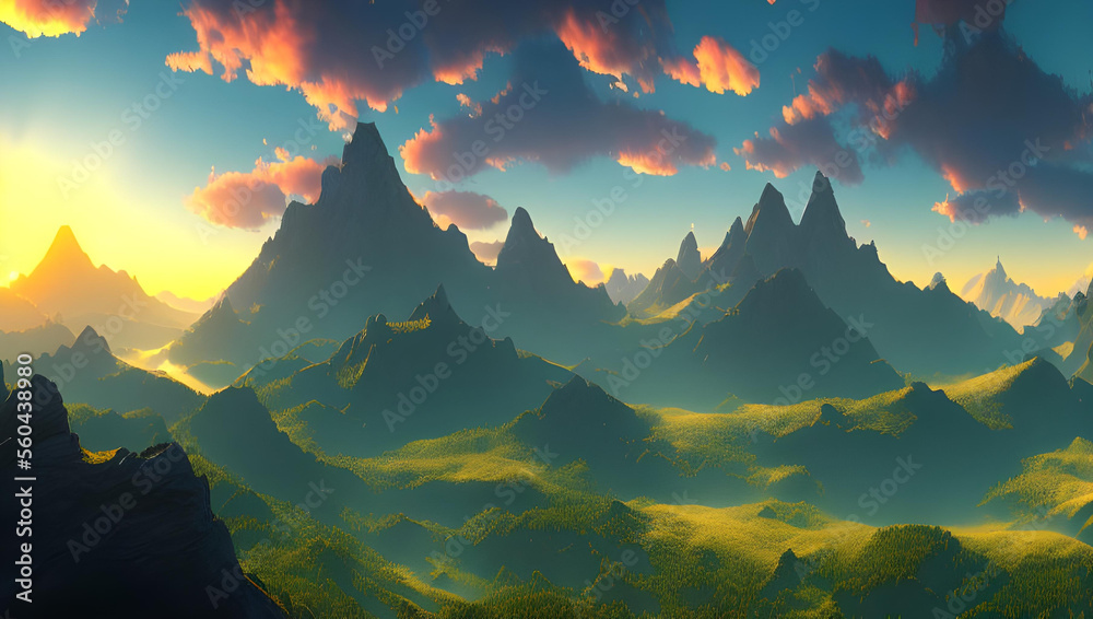 たくさんの山々が連なるファンタジー風景　