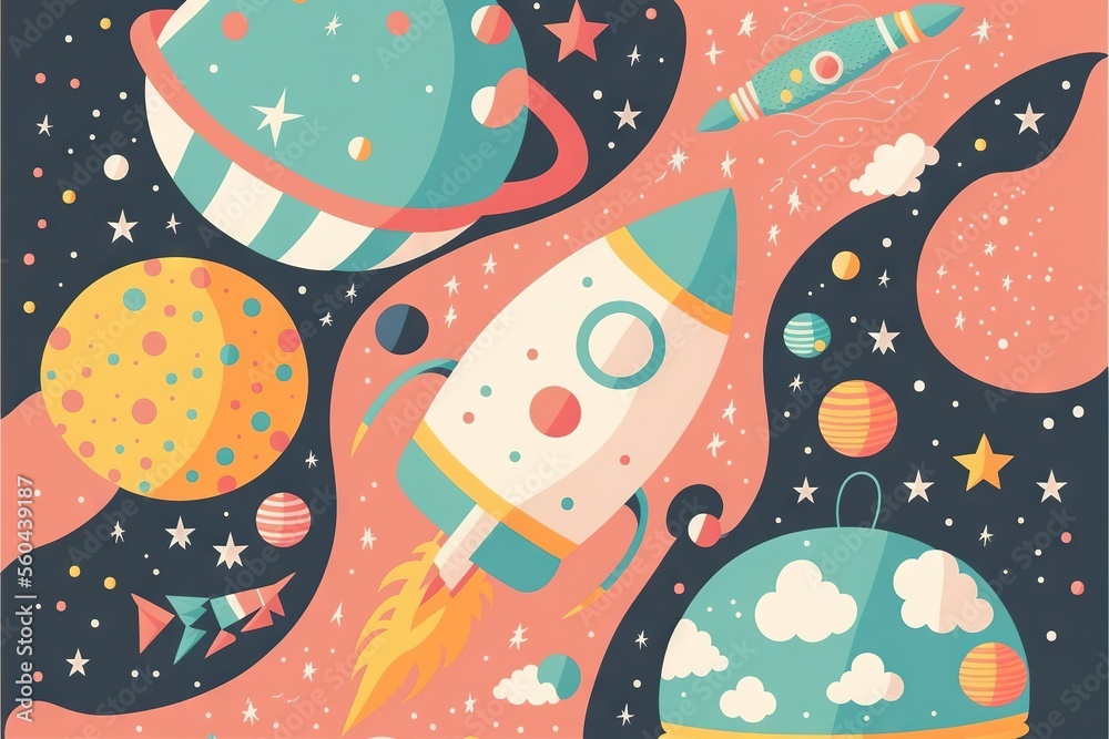 a colorful space scene with a rocket and stars in the sky and a rocket ...