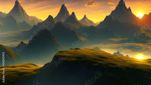 たくさんの山々が連なるファンタジー風景 