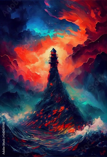 Digital painting of sillhuette of a lighthouse on the coast during a stormy night. photo