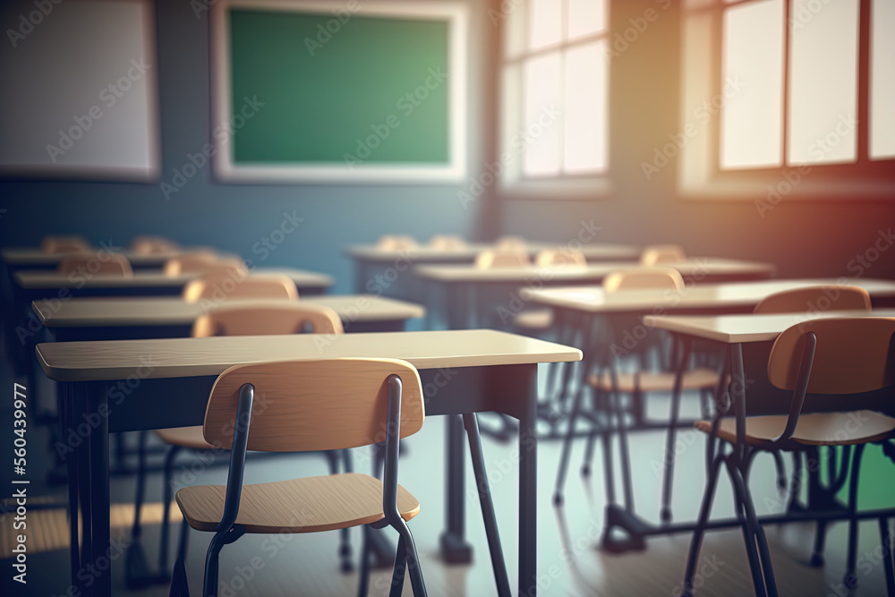 School classroom in selective focus background without young student; Blurry view of elementary class room no kid or teacher with chairs and tables in campus. Generative AI School classroom in selective focus background without young student; Blurry view of elementary class room no kid or teacher with chairs and tables in campus. Generative AI