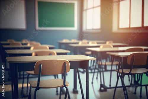 School classroom in selective focus background without young student; Blurry view of elementary class room no kid or teacher with chairs and tables in campus. Generative AI photo