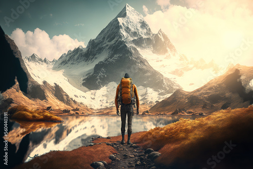Close-up at back of a backpacker is standing on the beautiful view of the mountain range in winter season as background. Trekking leisure scene. Generative Ai image. © Nattawit