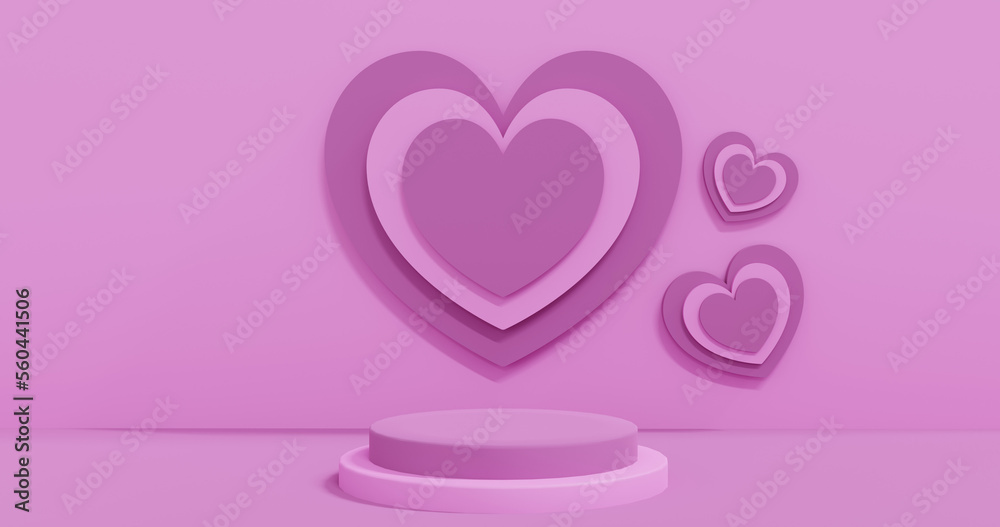 Realistic violet 3D rendered pedestal podium with heart shape symbol on the background. Valentine's day scene for products showcase.