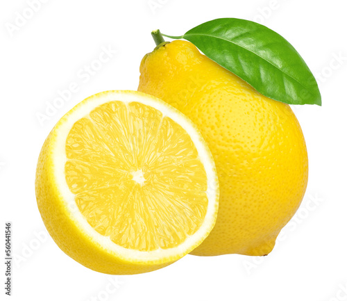 lemon fruit with leaves and half isolated, Fresh and Juicy Lemon, transparent png, PNG format, cut out