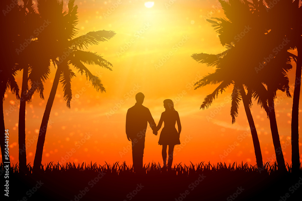 Beautiful young couple holding hands at sunset. Honeymoon travel concept.