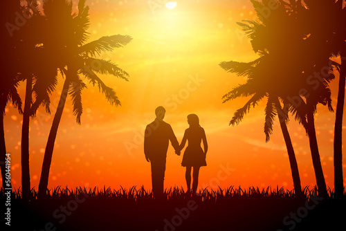 Beautiful young couple holding hands at sunset. Honeymoon travel concept.
