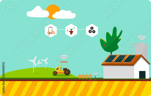 illustration of a farm Agriculture Smart farm , smart farmer is using technology management 