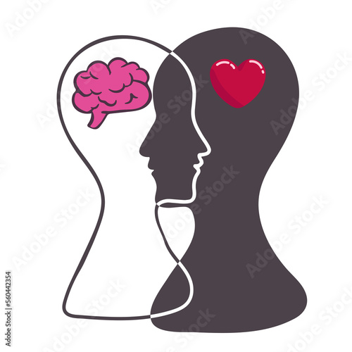 Heart and Brain concept, conflict between emotions and rational thinking, teamwork and balance between soul and intelligence. Vector logo or icon design