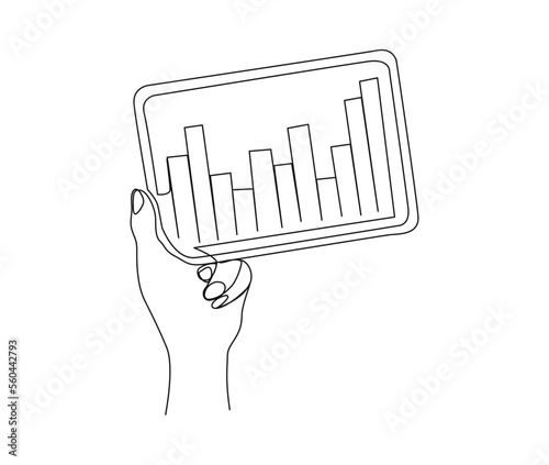 Continuous one line drawing of hand holding tab with chart graph. Business statistic on tablet line art vector illustration.