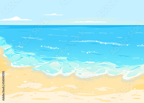 Summer sea with waves on sandy beach, summer beach holidays landscape background, quality illustration with clipping mask