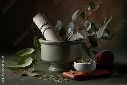 Leaves of eucalyptus and a white mortar and pestle. ingredients for natural cosmetics and complementary medicine. notion of beauty and spa. Generative AI