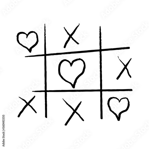 Tic tac toe doodle game with cross and circle sign, cute heart mark isolated on white background. 