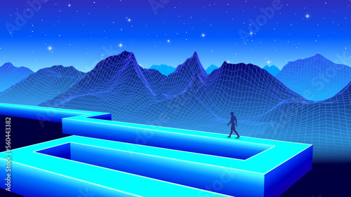 Shiny path concept with human figure walking in the synthwave landscape. 80s styled neon pathway scene with walking man.
