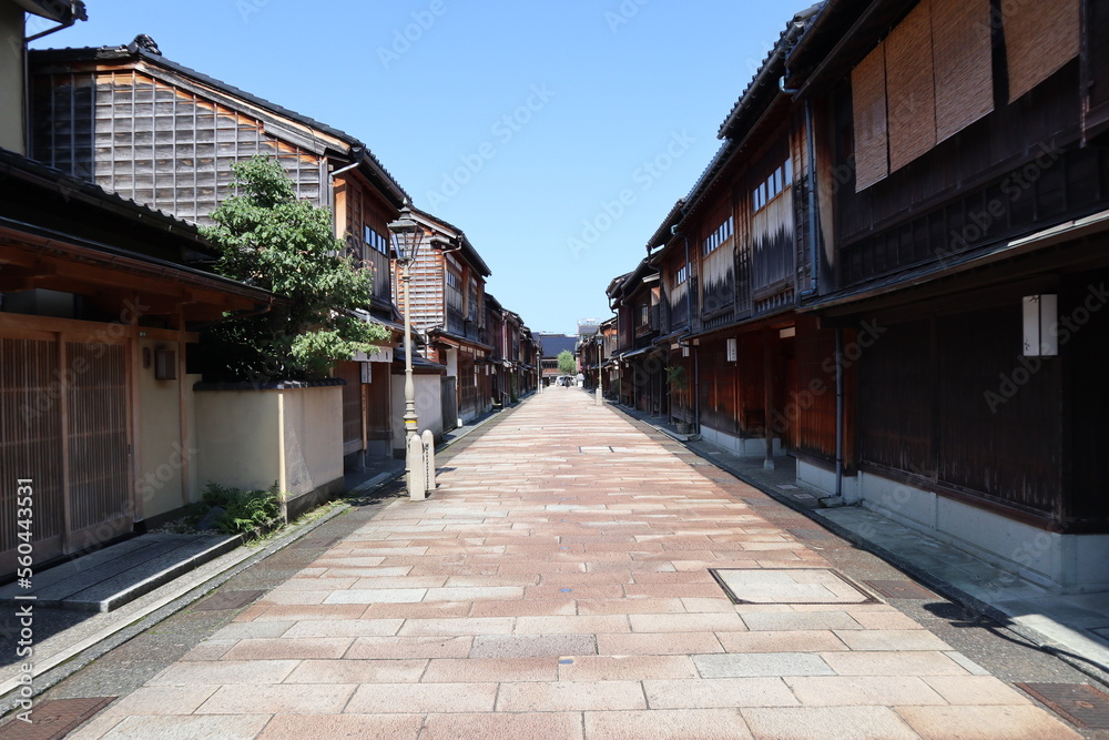 Higashi-Chaya district in Kanazawa, Japan (Words on the house lamps means this street's name 