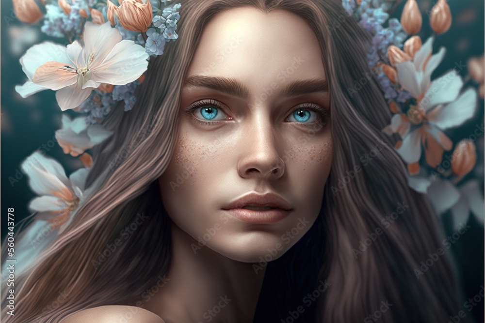 Fictional portrait of beautiful woman in spring with flowers in wavy hair and butterflies, generative ai Fictional portrait of beautiful woman in spring with flowers in wavy hair and butterflies, generative ai