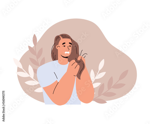 Scared woman losing hair, flat vector illustration isolated on white background.