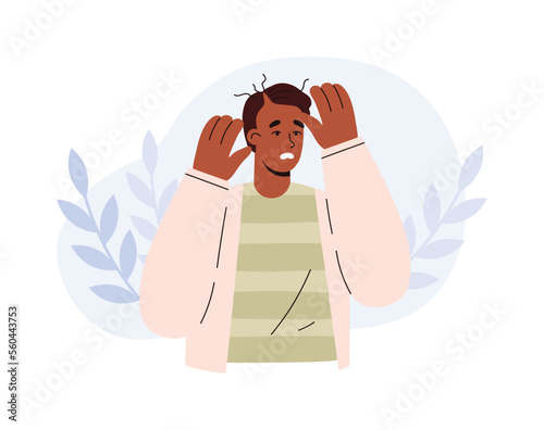 Frustrated man losing hair, alopecia problem - flat vector illustration isolated on white background.