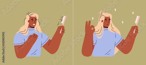 Before and after hair transplantation and alopecia treatment, flat vector illustration.