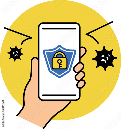 Smartphone icon. Smartphone virus infection. Safe security measures. security warning. virus hacking. Internet trouble. Leakage of personal data.