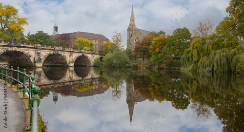 The English Bridge across the River Severn with United Reformed Church to the right hand side, Shrewsbury, Shropshire, England photo
