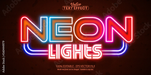 Neon glowing text effect, editable neon light text style isolated on brick wall background