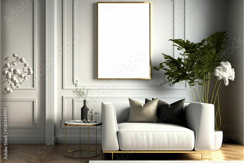 Modern living room, with blank frame for mockups