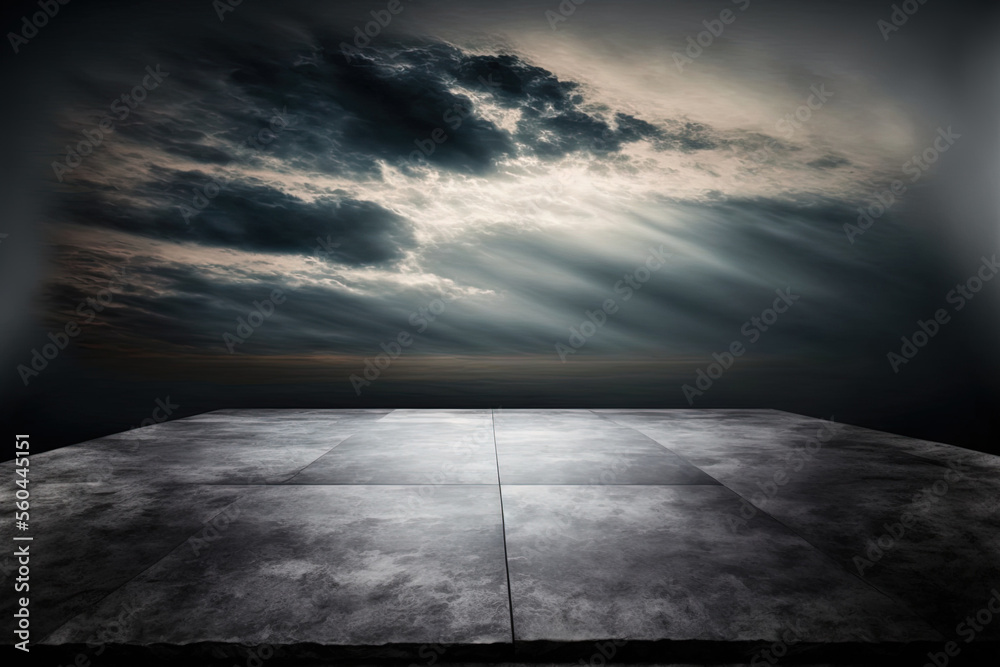 Dramatic Horizon Sky and Black Concrete Floor Background Scene. Generative AI