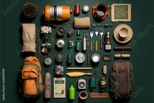 Knolling photography of camping equipment
